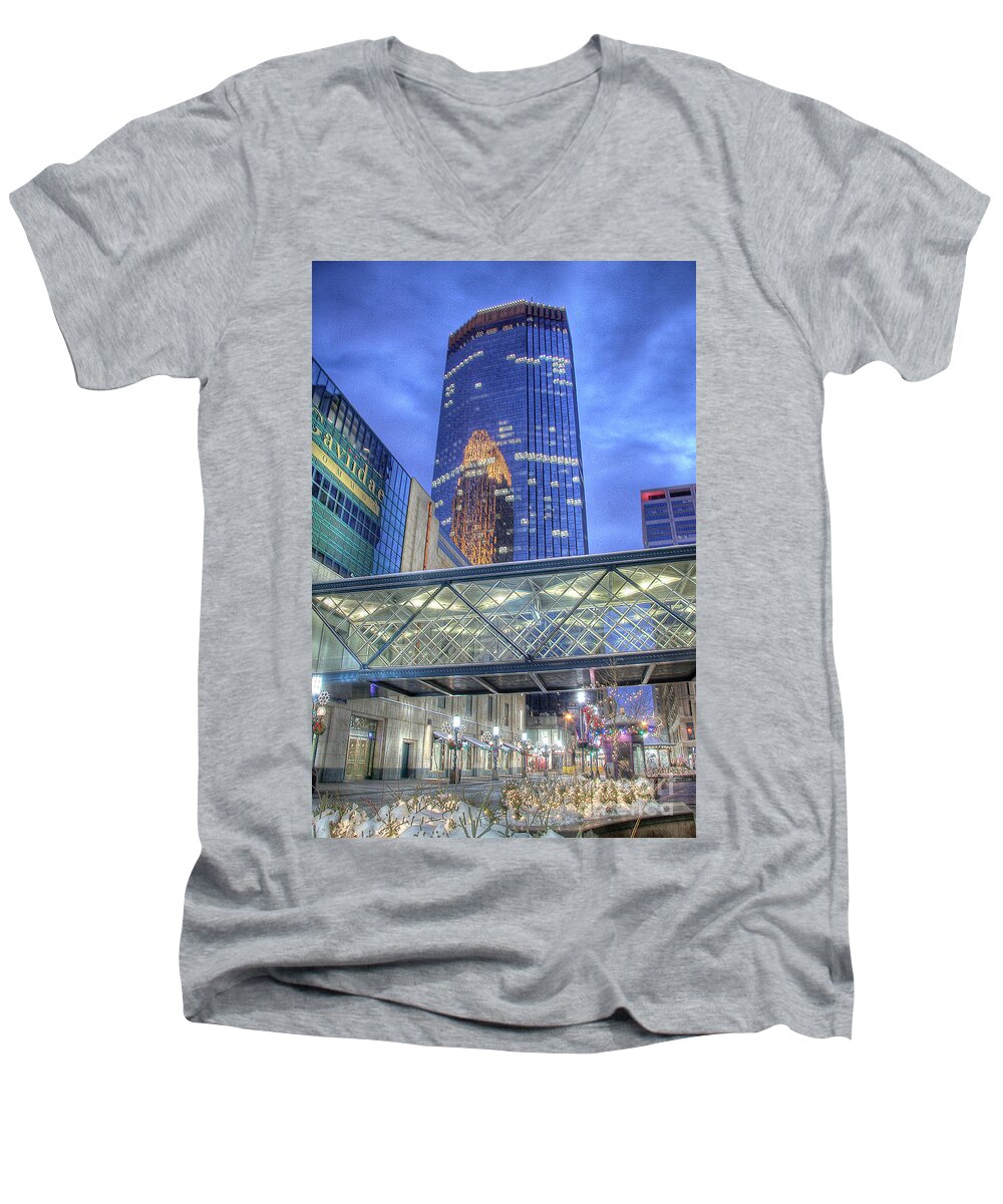 Minneapolis Skyline Men's V-Neck T-Shirt featuring the photograph Minneapolis Skyline Photography Nicollet Mall Winter Evening by Wayne Moran