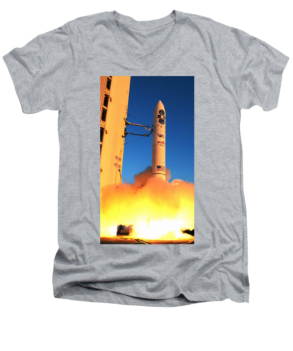 Astronomy Men's V-Neck T-Shirt featuring the photograph Minotaur Iv Rocket Launches Falconsat-5 by Science Source
