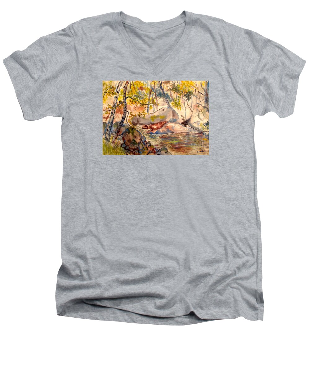 Creek Men's V-Neck T-Shirt featuring the painting Misty Cascades Day by Kendall Kessler