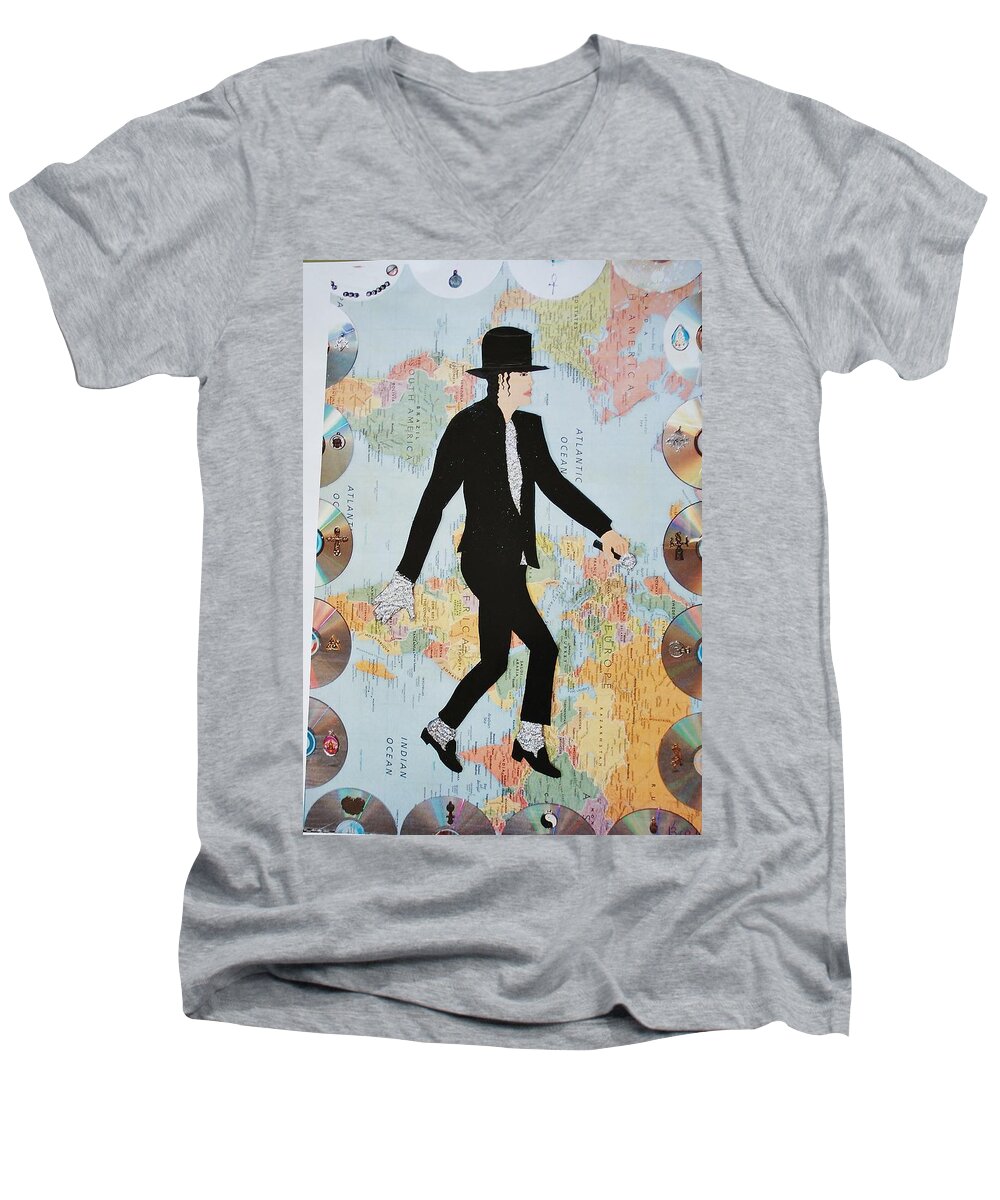 Mixed Media Men's V-Neck T-Shirt featuring the painting MJ We Are The World by Karen Buford