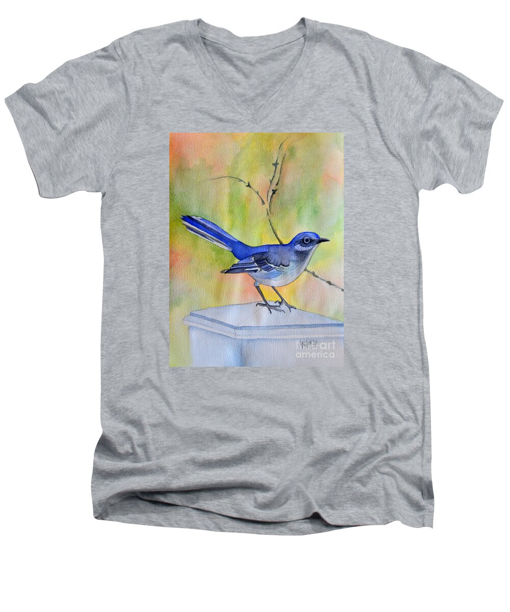 Mockingbird Men's V-Neck T-Shirt featuring the painting Mockingtash by Lynellen Nielsen
