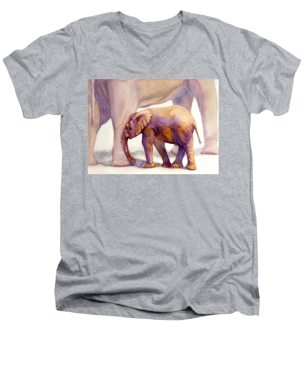 Elephant Men's V-Neck T-Shirt featuring the painting Mom and Baby Boy Elephants by Bonnie Rinier