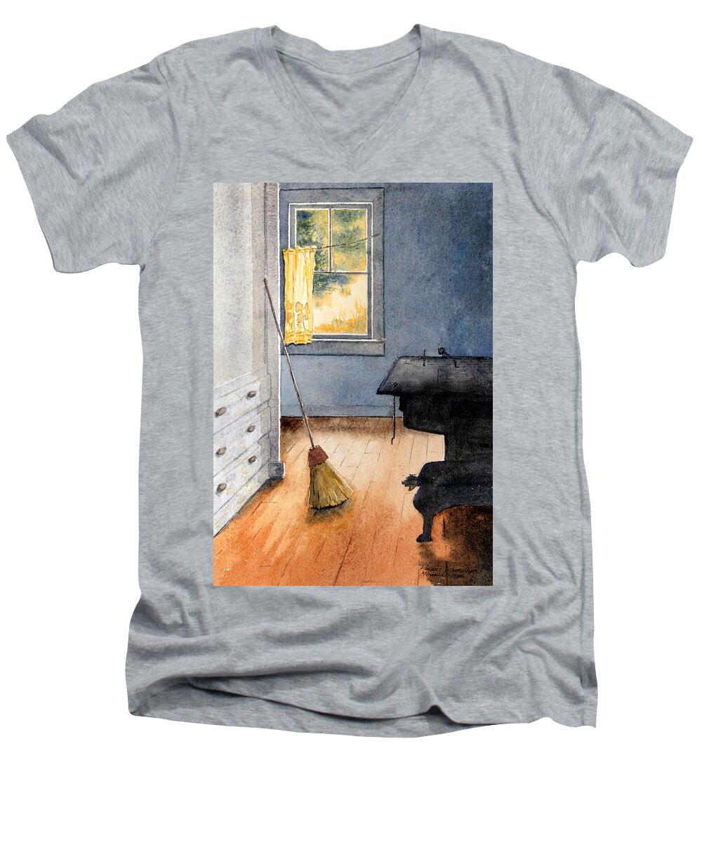 Stove Men's V-Neck T-Shirt featuring the painting Monhegan Kitchen by Roger Rockefeller