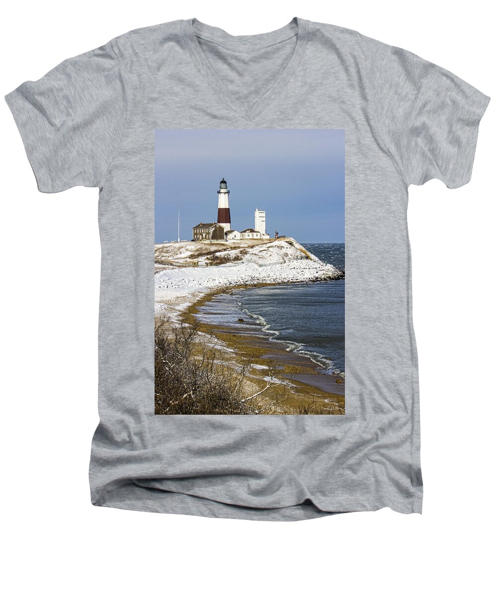Montauk Point Lighthouse Men's V-Neck T-Shirt featuring the photograph Montauk Snow by Robert Seifert