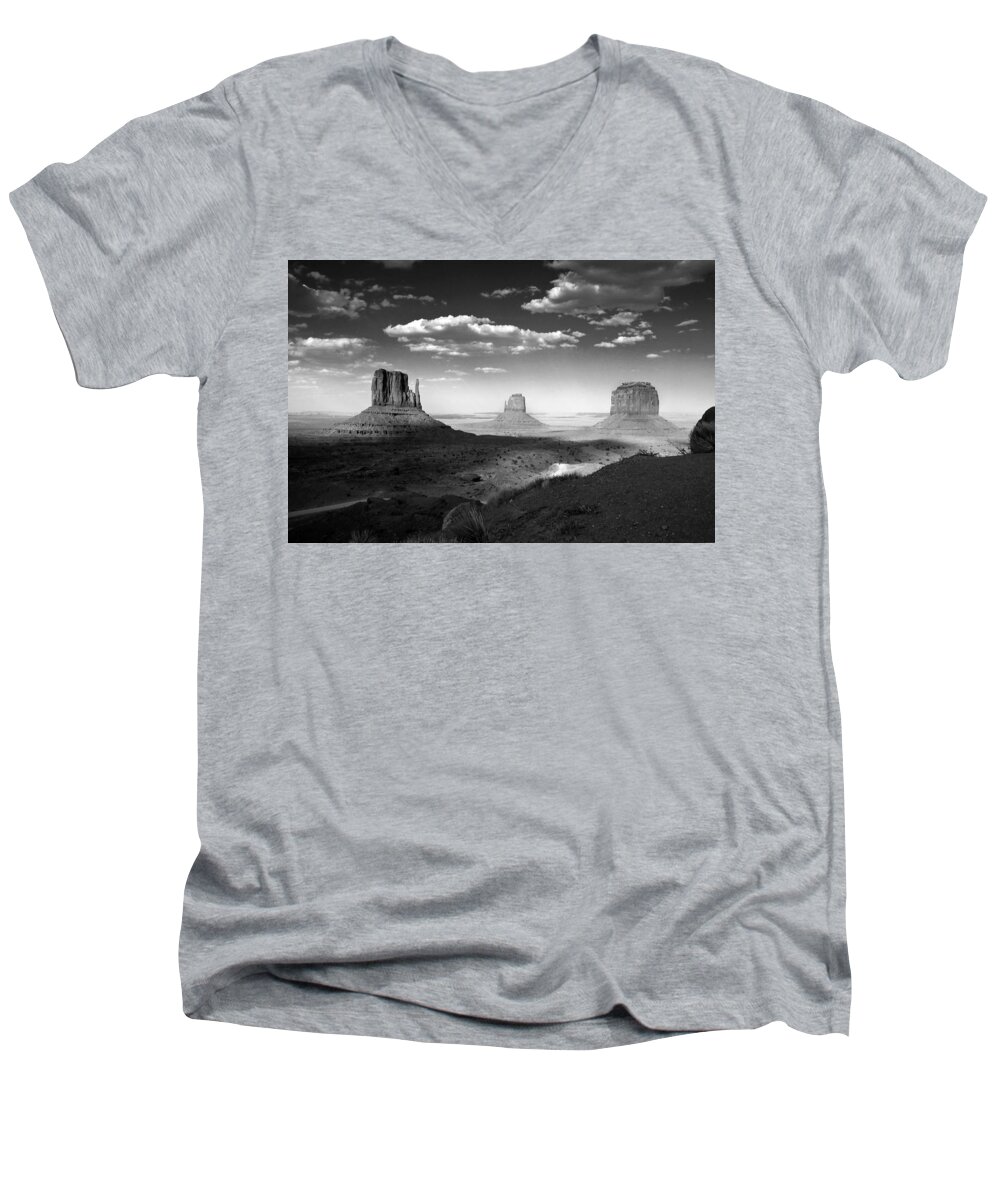 Travel Men's V-Neck T-Shirt featuring the photograph Monument Valley in Black and White by Lucinda Walter
