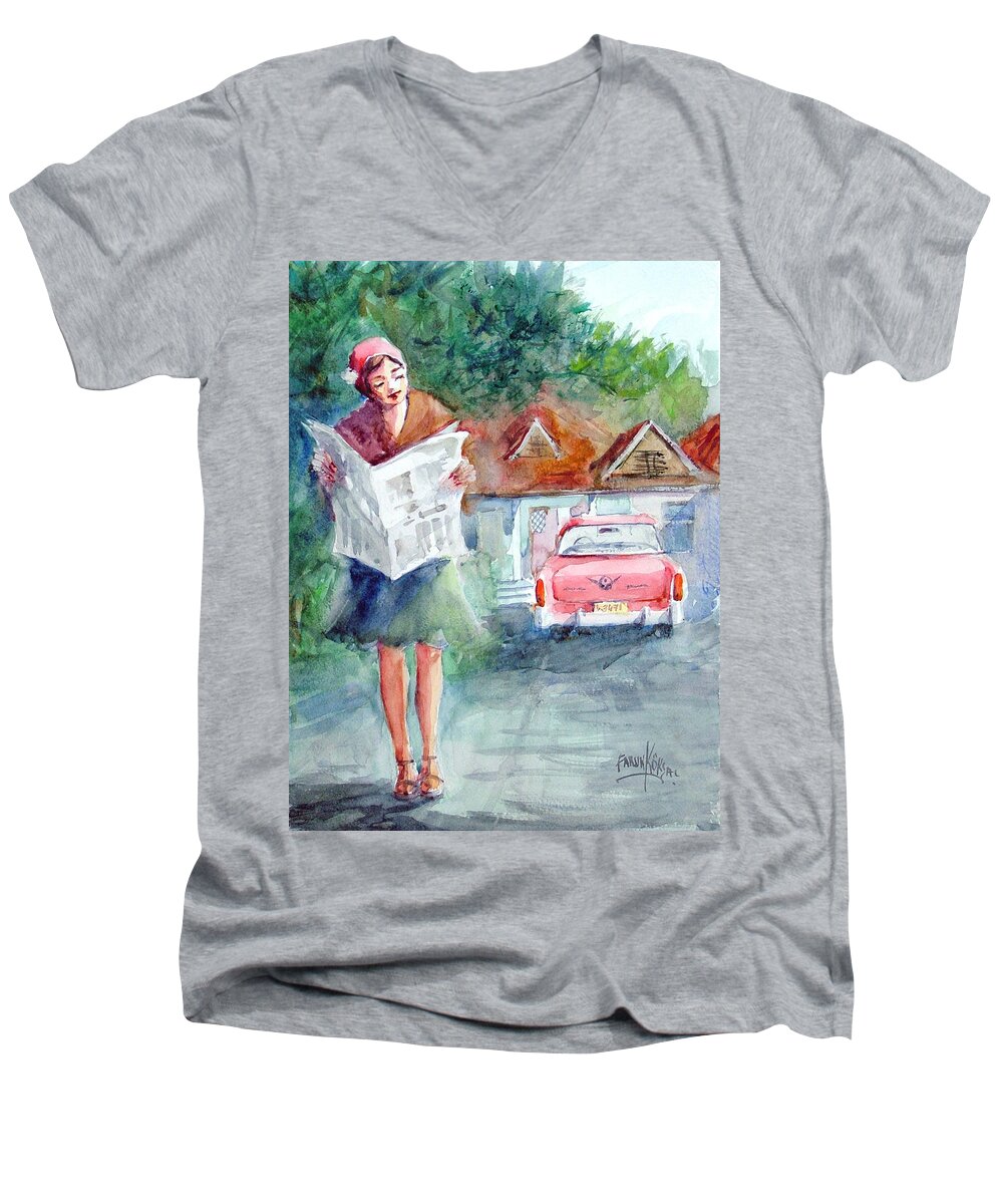Newspaper Men's V-Neck T-Shirt featuring the painting Morning News... by Faruk Koksal