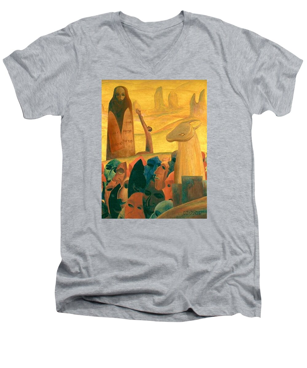 Moses And The Masks Men's V-Neck T-Shirt featuring the painting Moses and the Masks by Israel Tsvaygenbaum