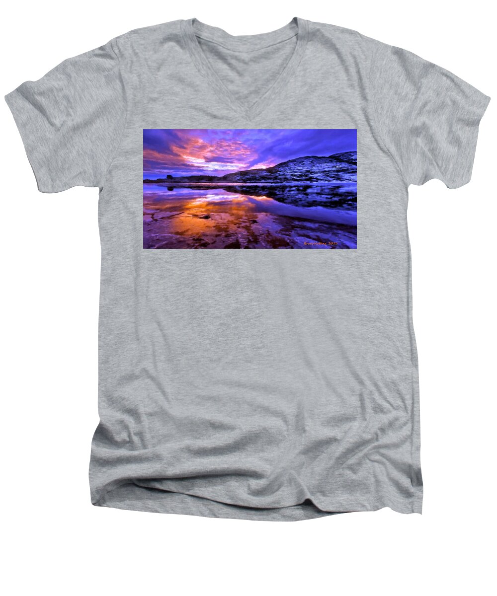 Mountain Men's V-Neck T-Shirt featuring the painting Mountain Lake Sunset by Bruce Nutting