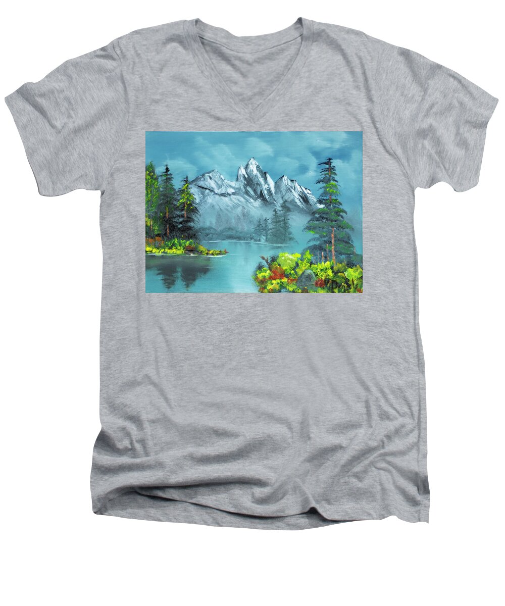 Mountain Lake Pond Meadow Tree Flower Evergreen Reflection Men's V-Neck T-Shirt featuring the painting Mountain Retreat by Michael Daniels