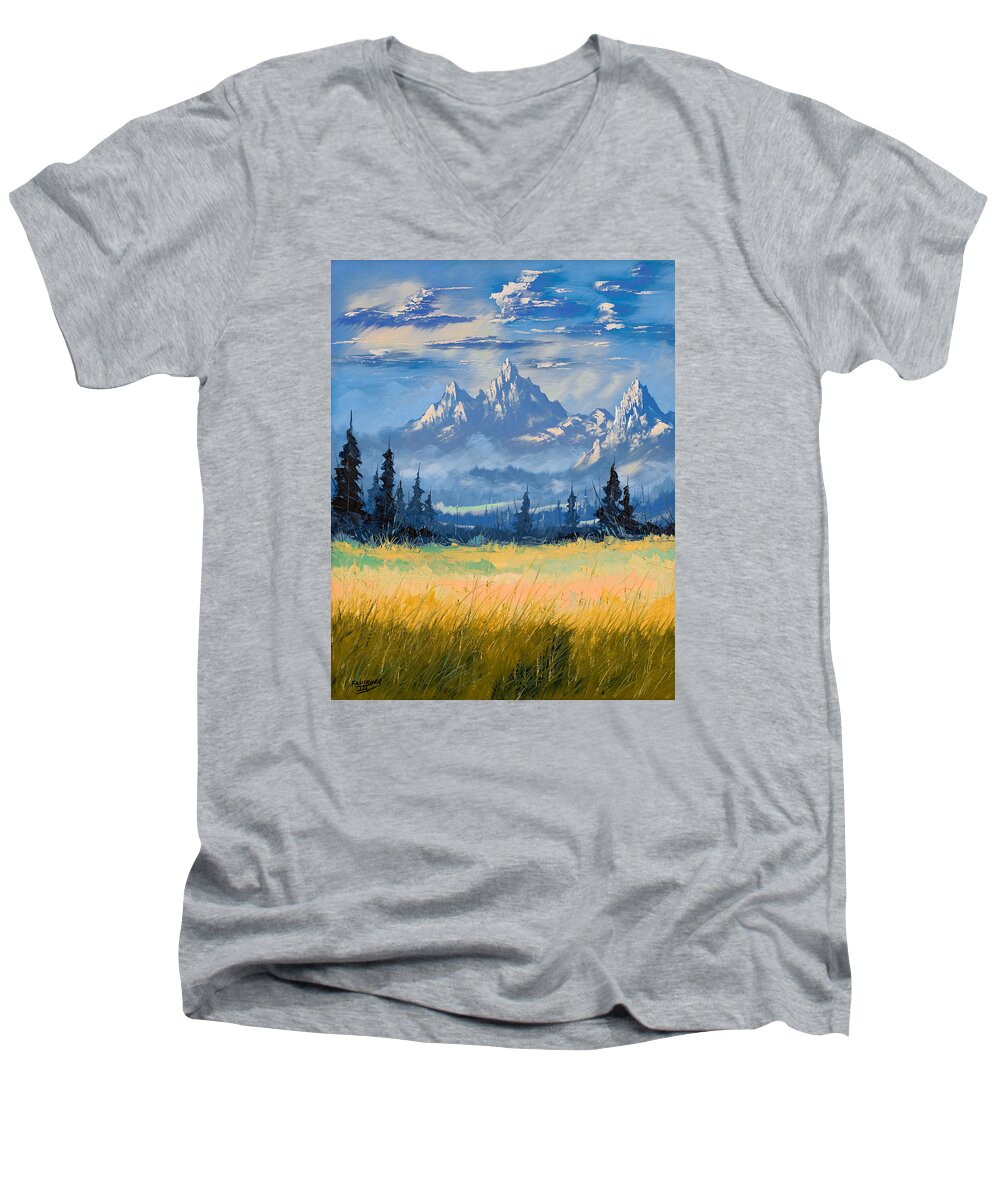 Mountain Men's V-Neck T-Shirt featuring the painting Mountain Valley by Richard Faulkner