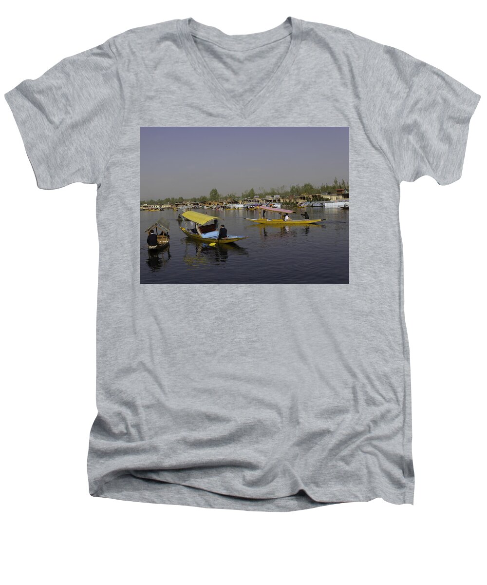 Beautiful Scene Men's V-Neck T-Shirt featuring the photograph Multiple number of shikaras on the water of the Dal Lake in Srinagar by Ashish Agarwal