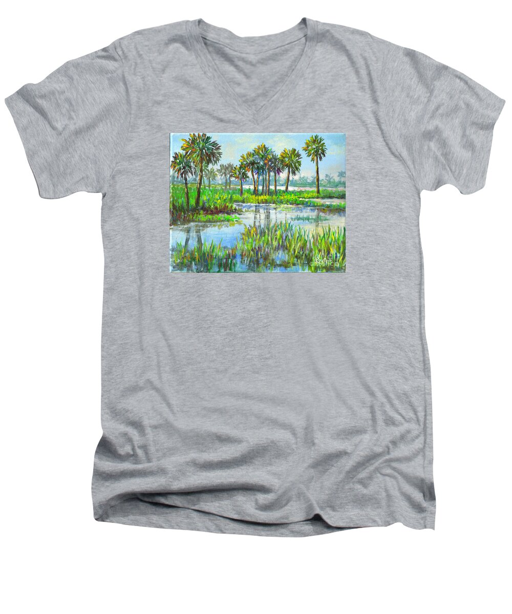 Florida Men's V-Neck T-Shirt featuring the painting Myakka Lake with Palms by Lou Ann Bagnall