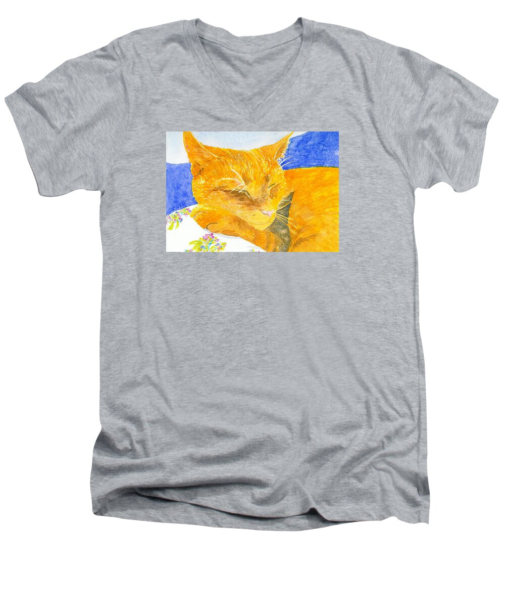 Cat Men's V-Neck T-Shirt featuring the painting Nappy Cat by Anne Marie Brown