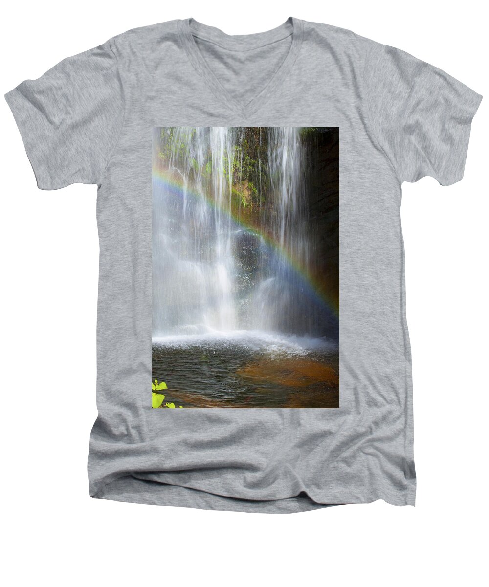 Rainbow Falls Men's V-Neck T-Shirt featuring the photograph Natures Rainbow Falls by Jerry Cowart