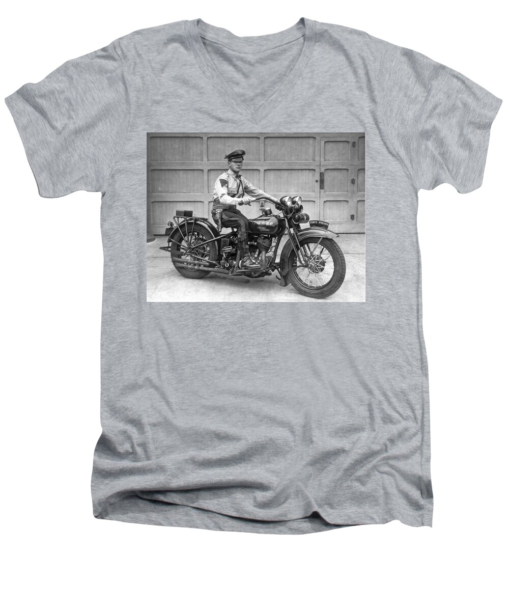 1930 Men's V-Neck T-Shirt featuring the photograph New Jersey Motorcycle Trooper by Underwood Archives