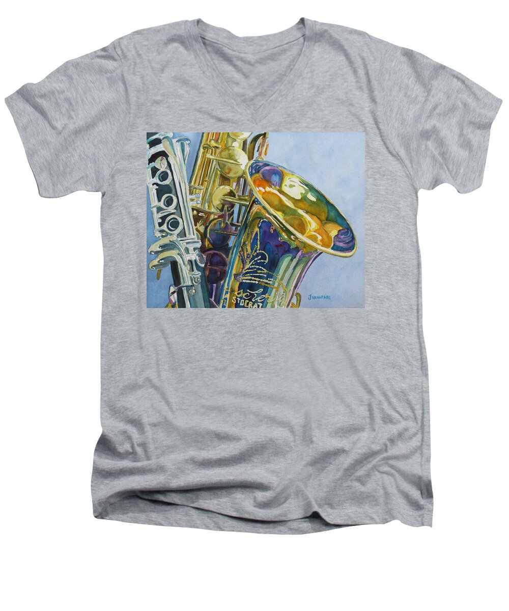 Jazz Men's V-Neck T-Shirt featuring the painting New Orleans Reeds by Jenny Armitage