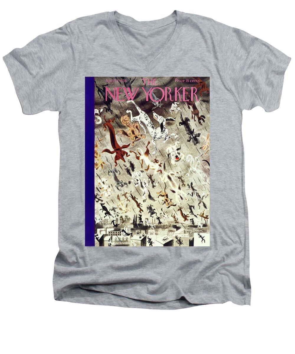 Animal Men's V-Neck T-Shirt featuring the painting New Yorker April 4 1936 by Harry Brown