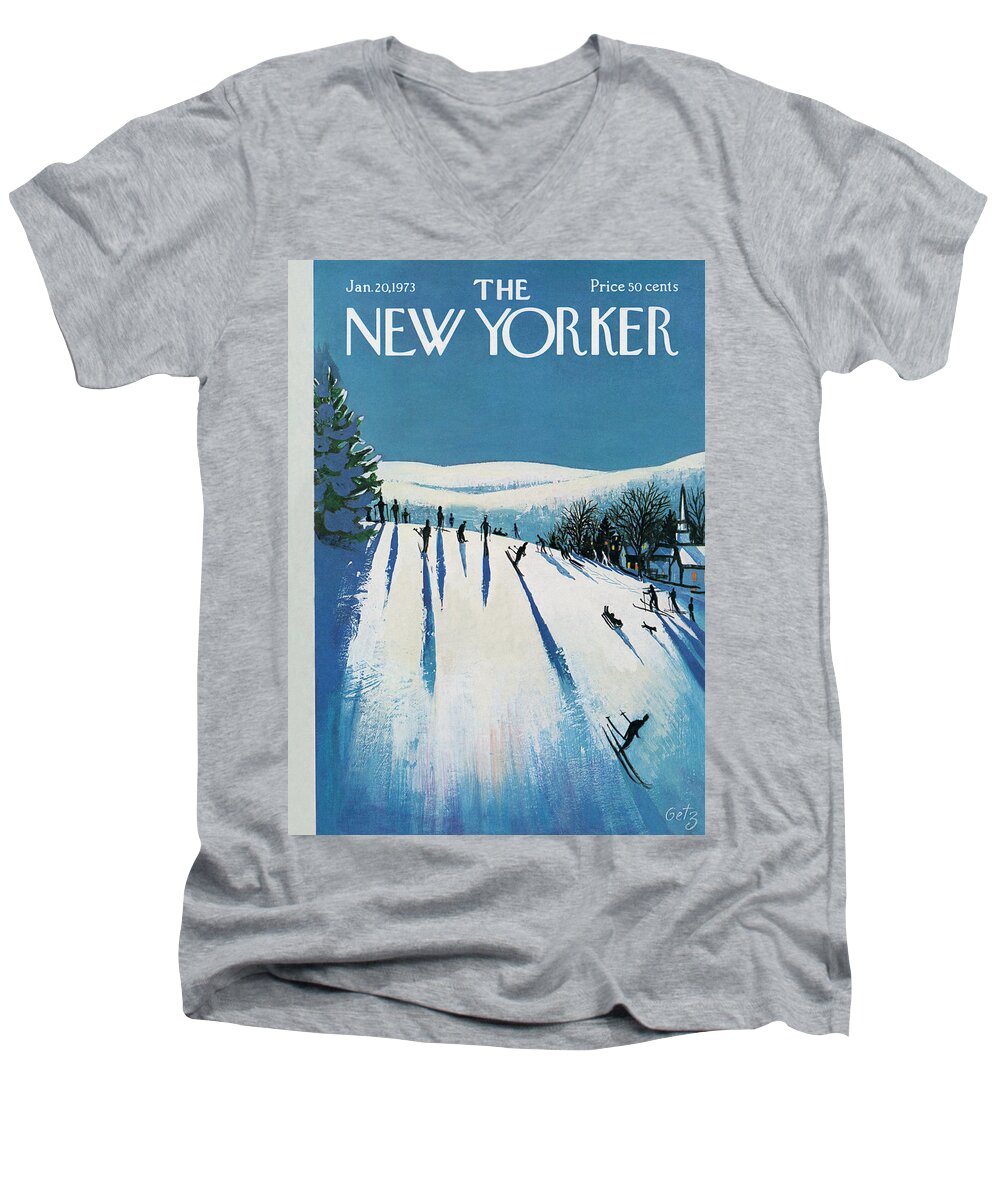 Snow Men's V-Neck T-Shirt featuring the painting New Yorker January 20th, 1973 by Arthur Getz