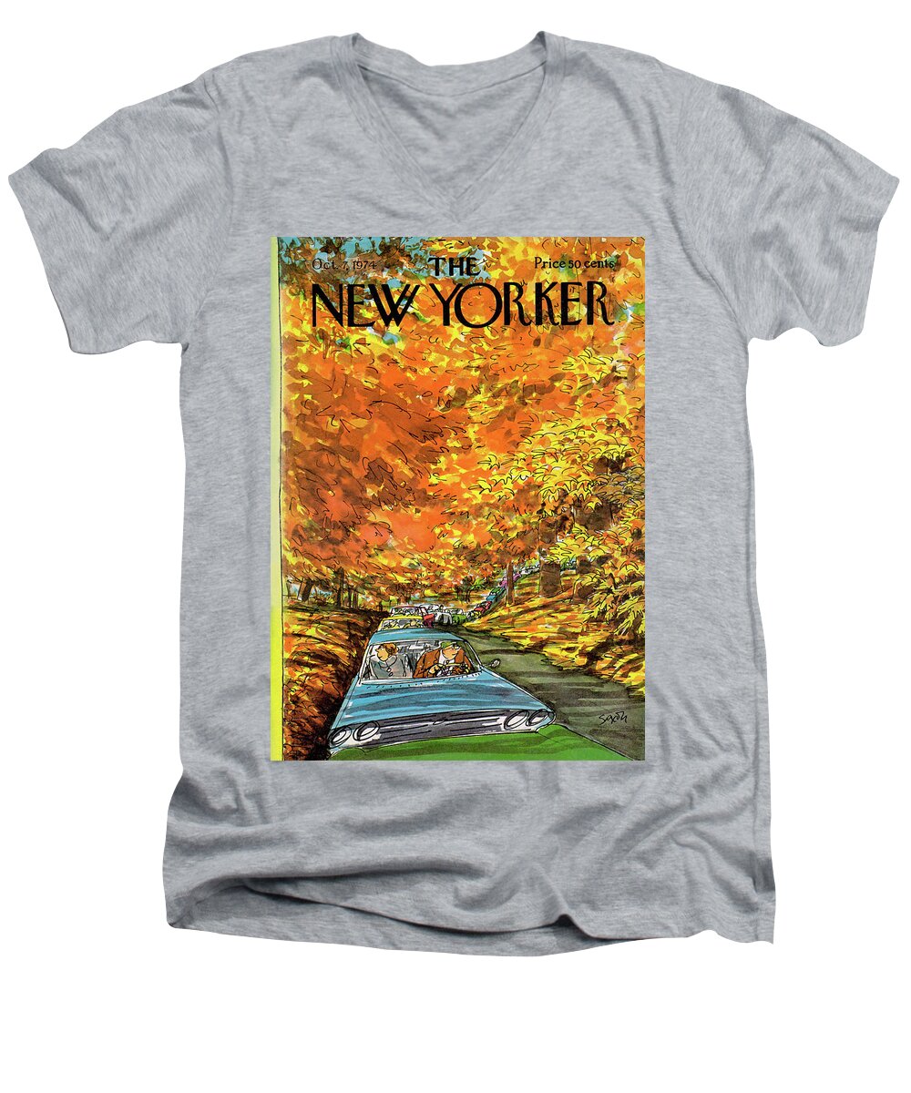 Autumn Men's V-Neck T-Shirt featuring the painting New Yorker October 7th, 1974 by Charles Saxon