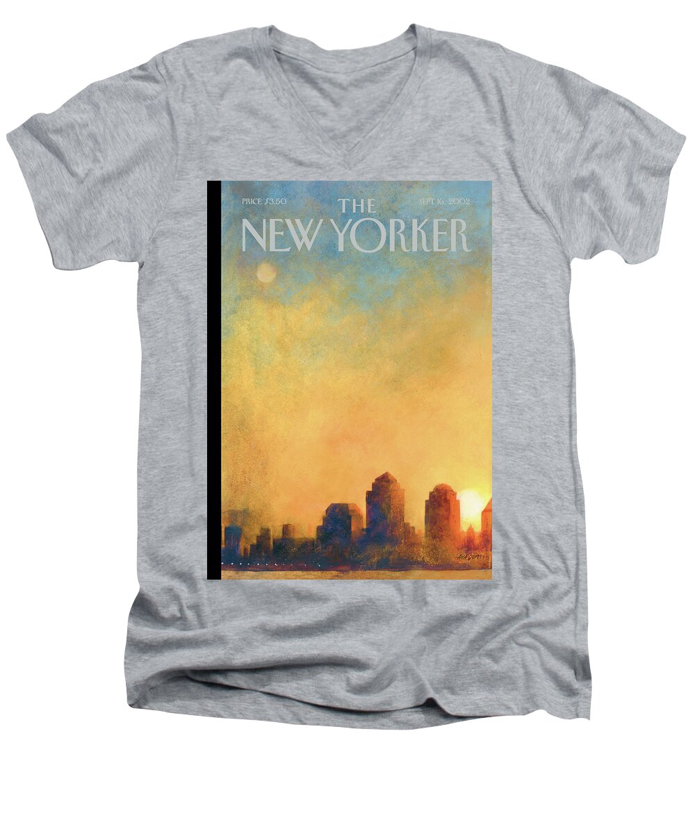 Ana Juan Aju Men's V-Neck T-Shirt featuring the painting Dawn Over Lower Manhattan by Ana Juan