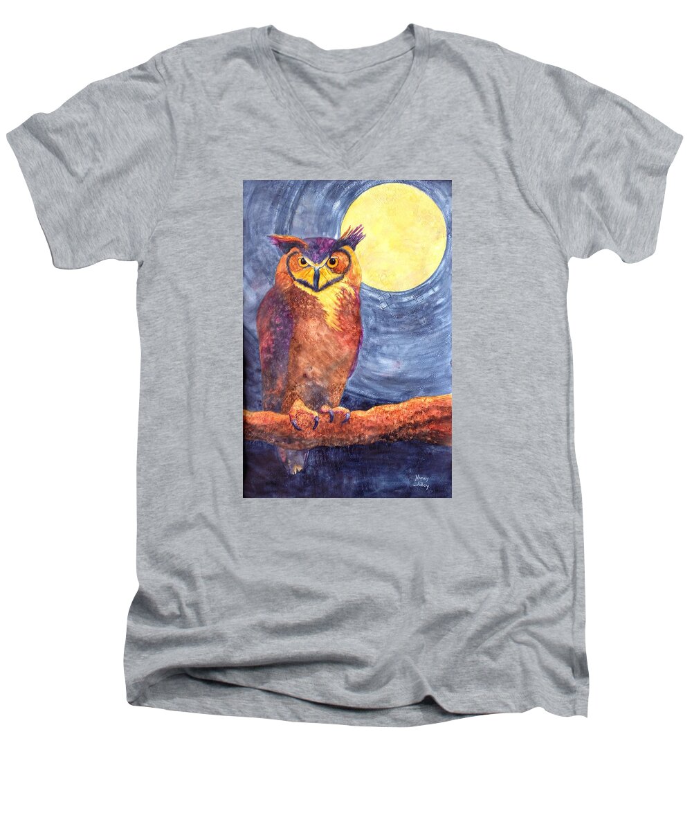 Owl Men's V-Neck T-Shirt featuring the painting Night Owl by Nancy Jolley