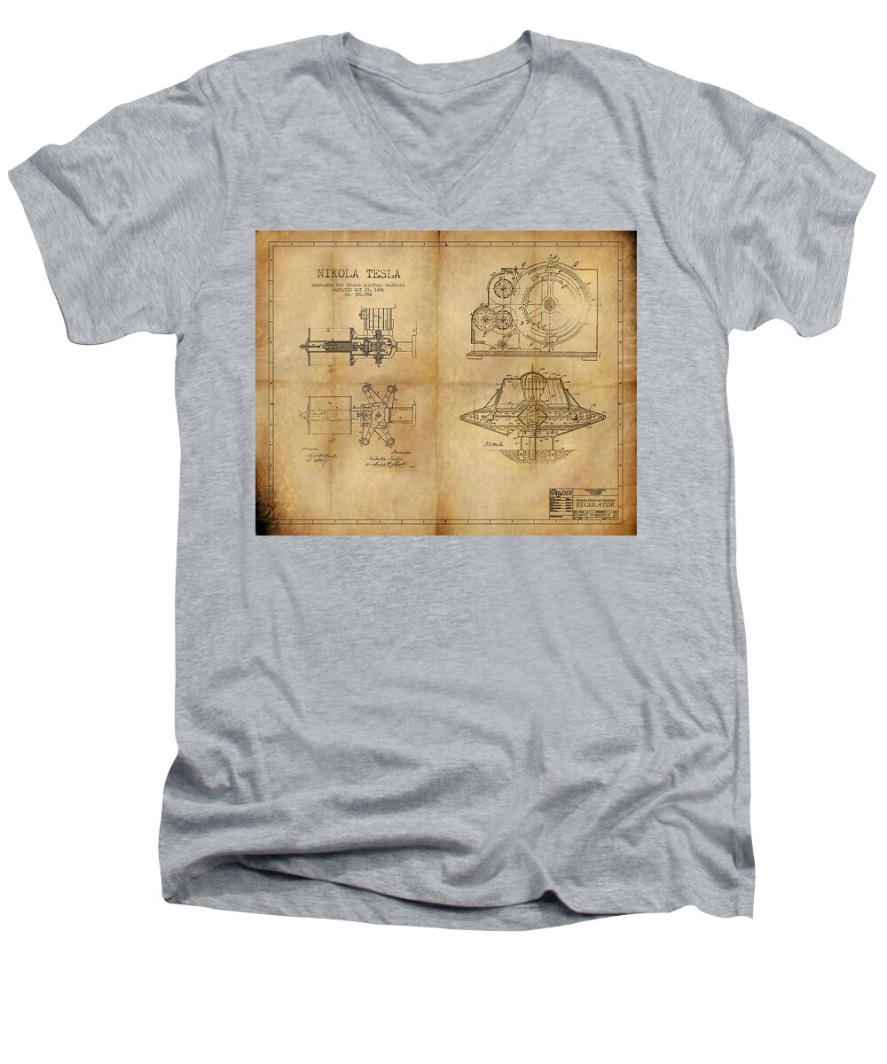Steampunk Men's V-Neck T-Shirt featuring the painting Nikola Telsa's work by James Hill