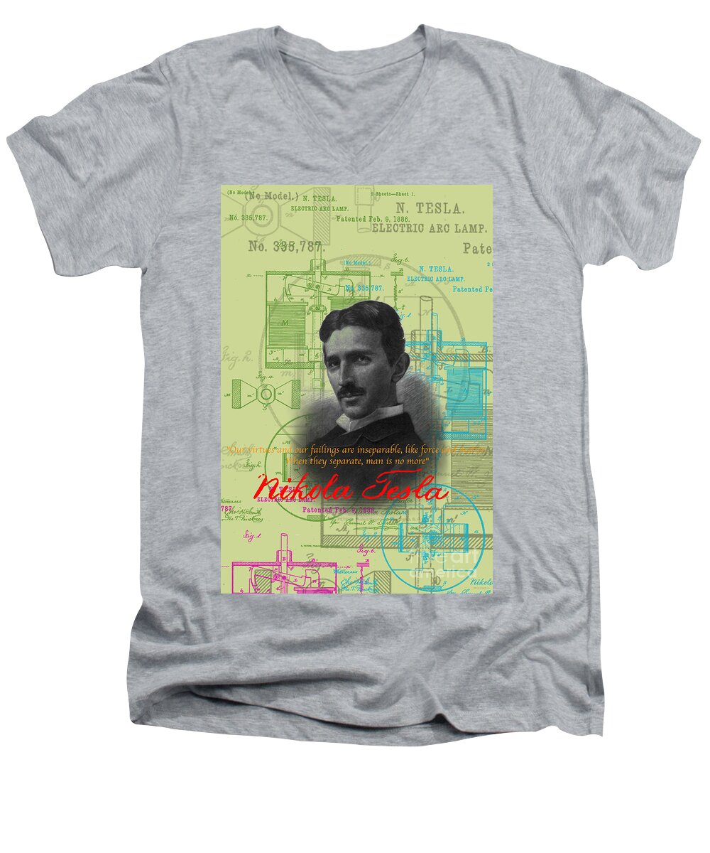 Nikola Tesla Men's V-Neck T-Shirt featuring the digital art Nikola Tesla #3 by Jean luc Comperat