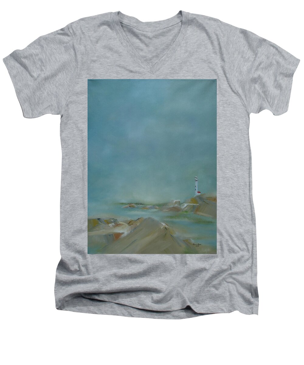 Lighthouse Men's V-Neck T-Shirt featuring the painting Nova Scotia Fog by Judith Rhue