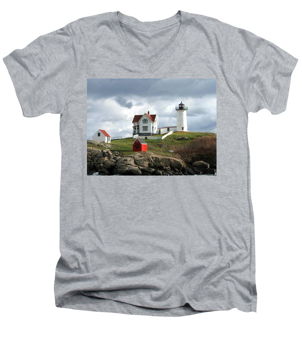 Lighthouse Men's V-Neck T-Shirt featuring the photograph Nubble Lighthouse by Nancy Landry