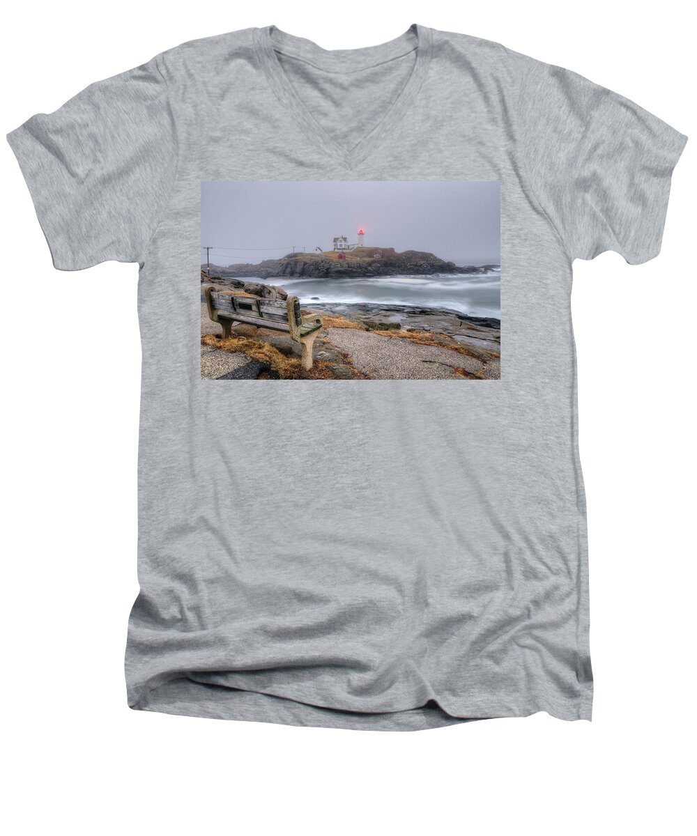 Nubble Lighthouse. Lighthouse Men's V-Neck T-Shirt featuring the photograph Nubble Lighthouse View by Donna Doherty