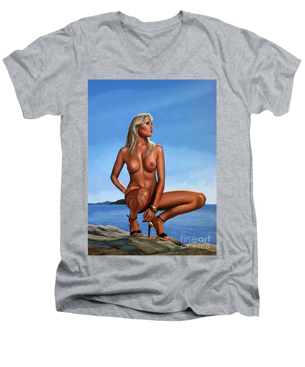 Paul Meijering Men's V-Neck T-Shirt featuring the painting Nude Blond Beauty by Paul Meijering