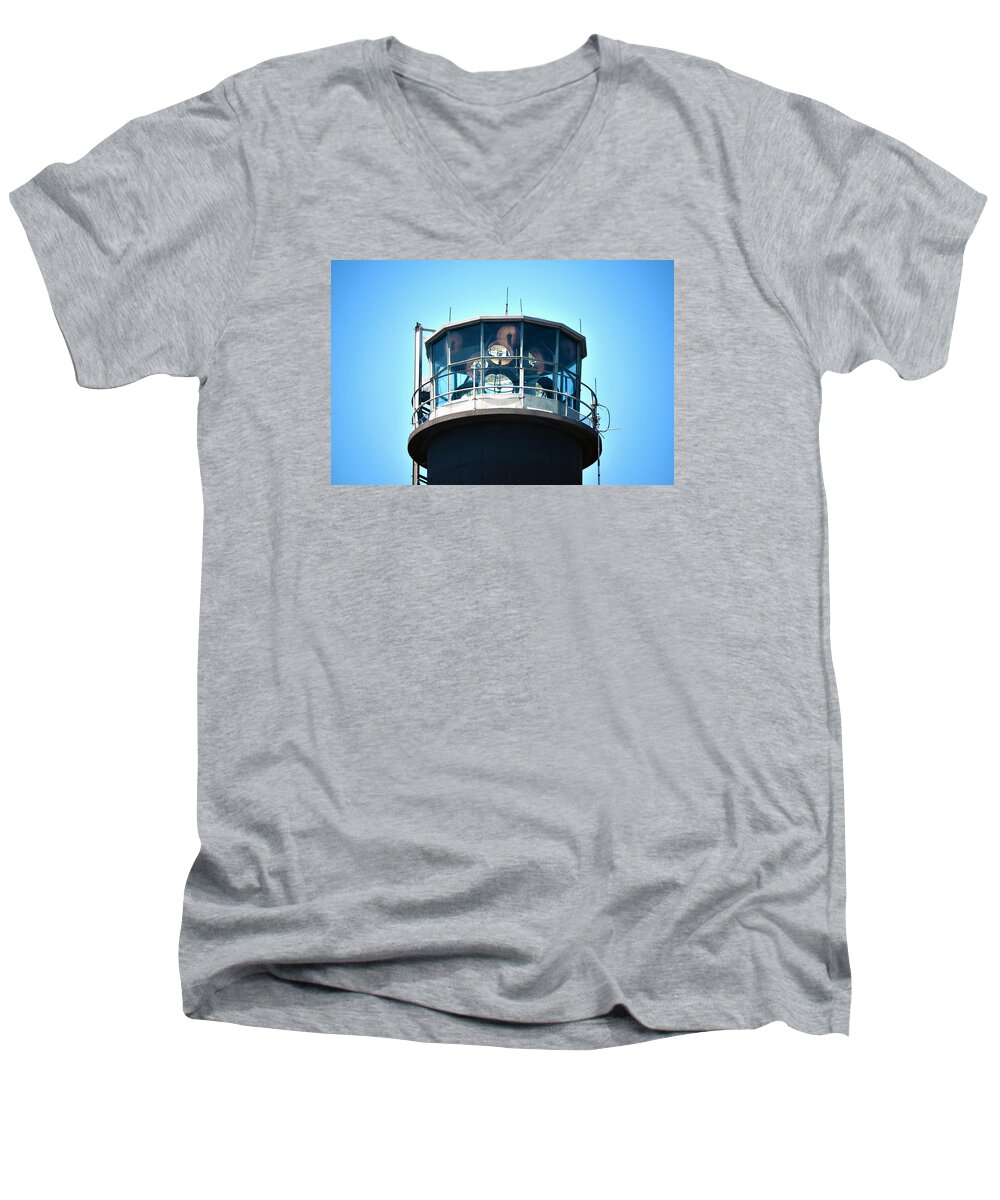Lighthouse Men's V-Neck T-Shirt featuring the photograph Oak Island Lighthouse Beacon Lights by Sandi OReilly