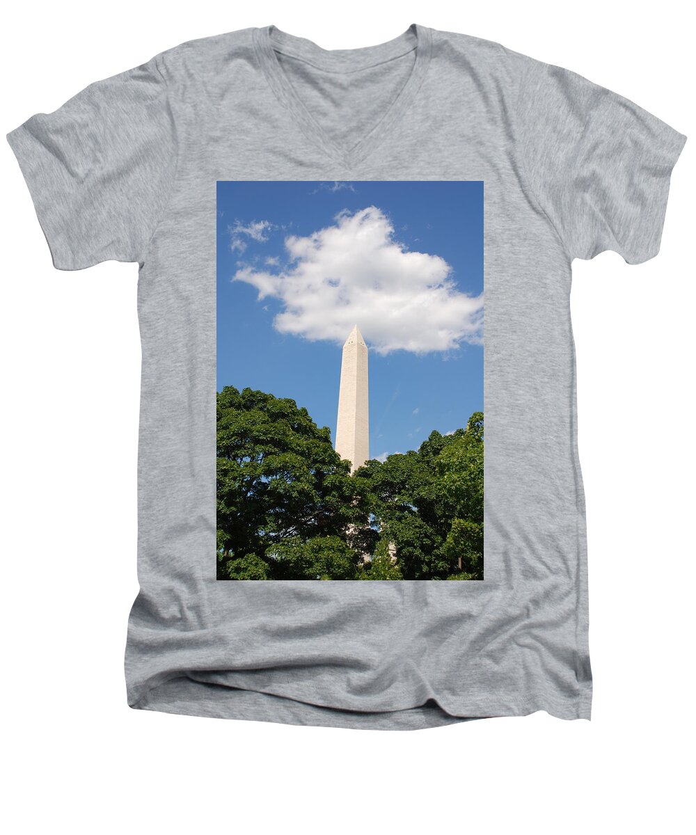Washington Men's V-Neck T-Shirt featuring the photograph Obelisk Rises Into the Clouds by Kenny Glover