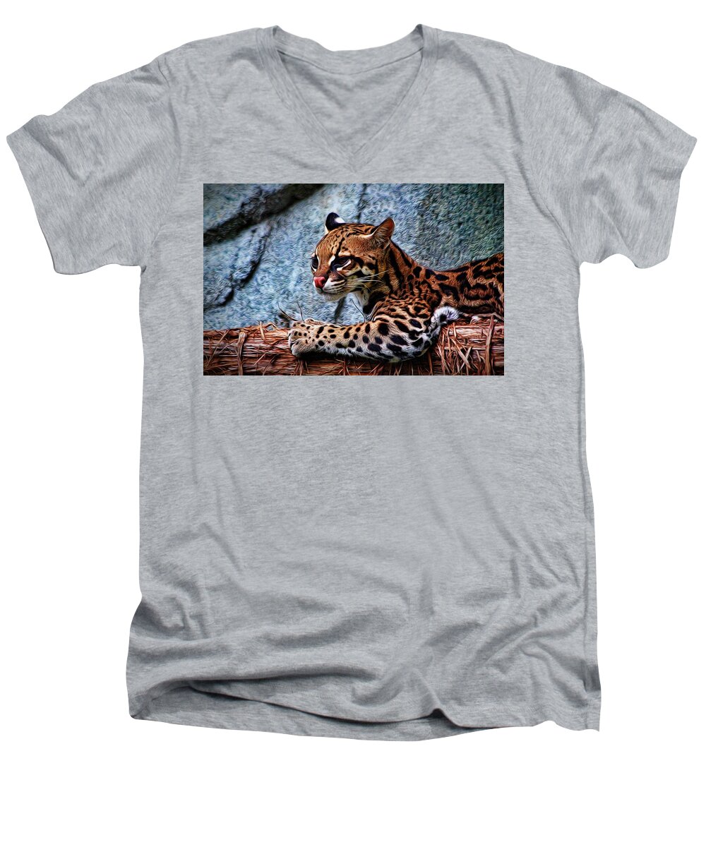 Ocelot Men's V-Neck T-Shirt featuring the photograph Ocelot Painted by Judy Vincent