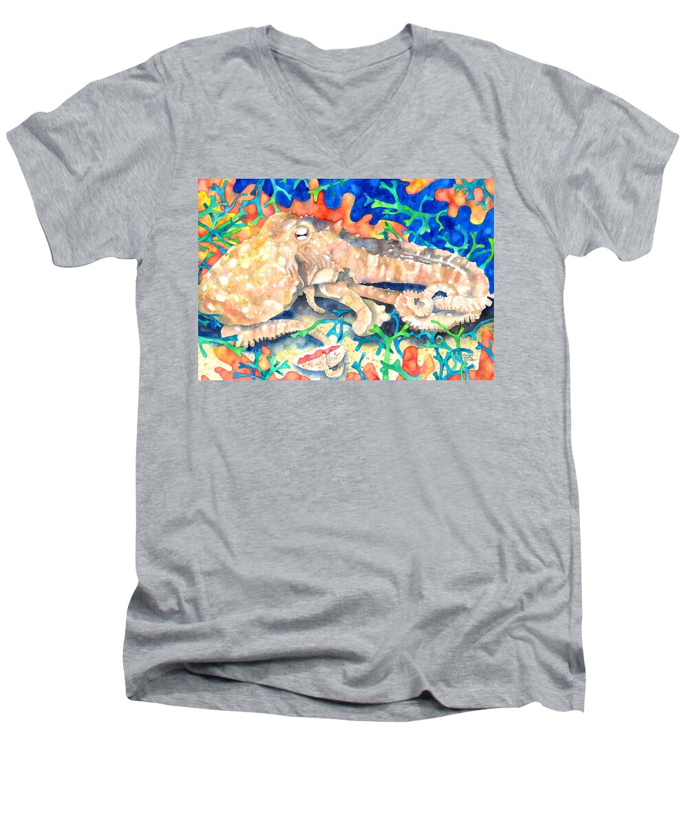 Octopus Men's V-Neck T-Shirt featuring the painting Octopus Delight by Pauline Walsh Jacobson