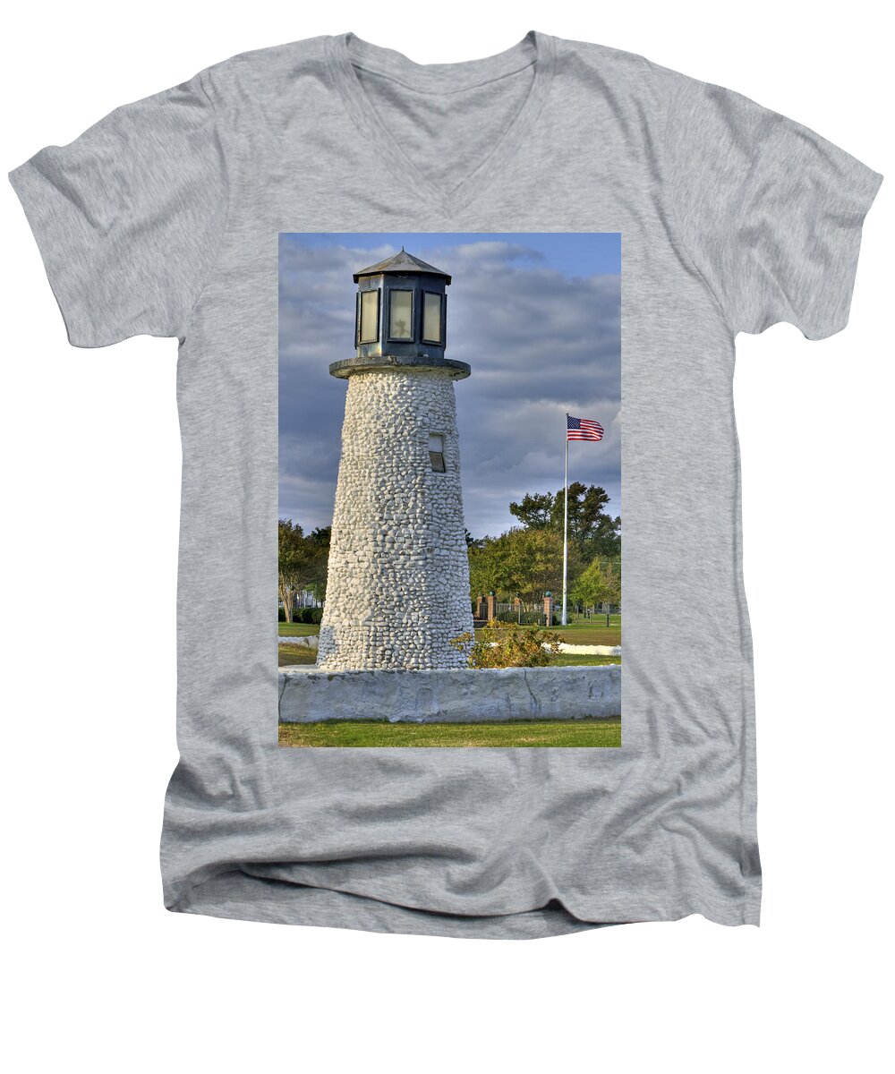 Buckroe Men's V-Neck T-Shirt featuring the photograph Old Buckroe Lighthouse by Jerry Gammon
