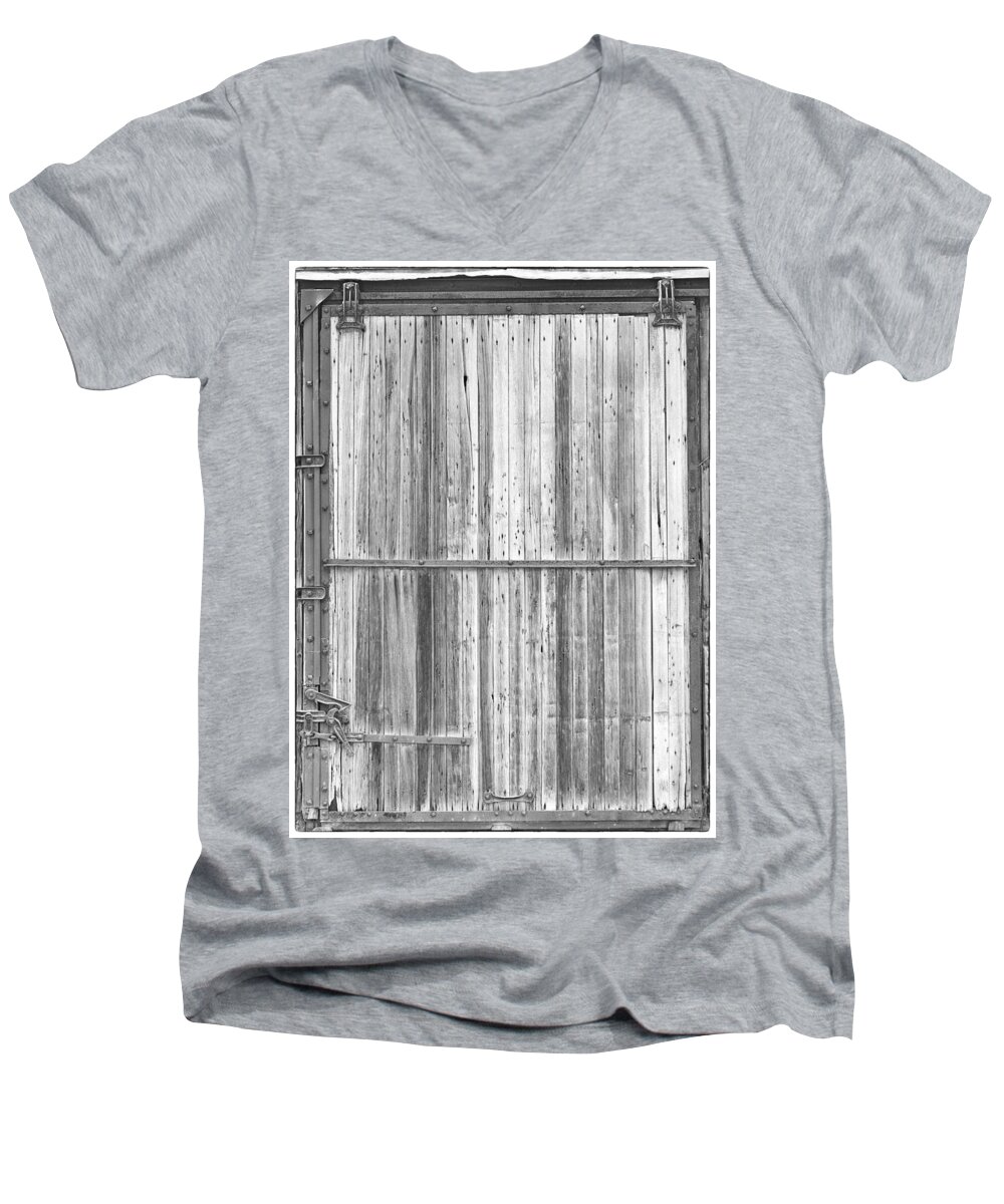 Train Door Men's V-Neck T-Shirt featuring the photograph Old Classic Colorado Railroad Car Door BW by James BO Insogna