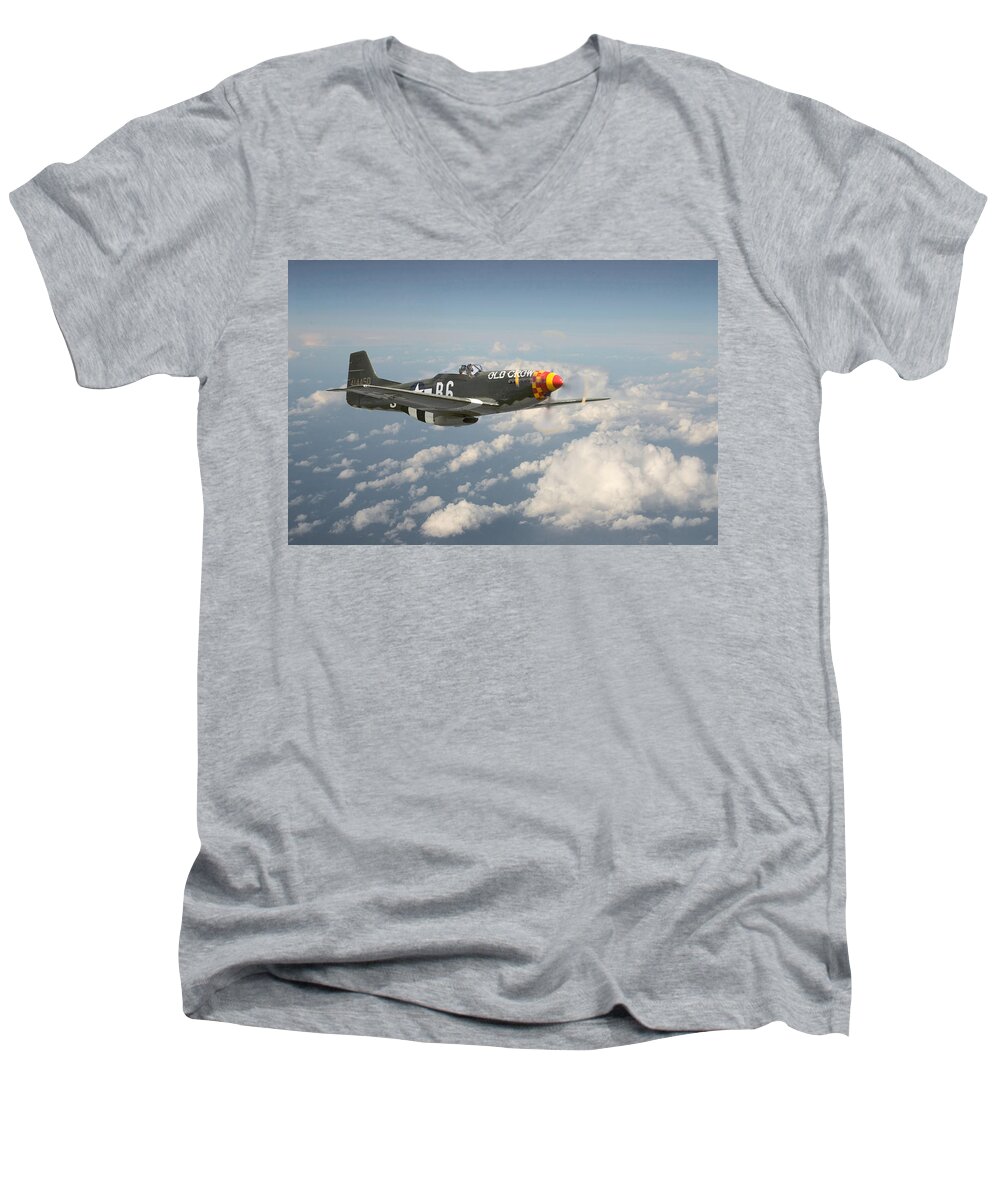 Aircraft Men's V-Neck T-Shirt featuring the digital art P51 Mustang - 'Old Crow' by Pat Speirs