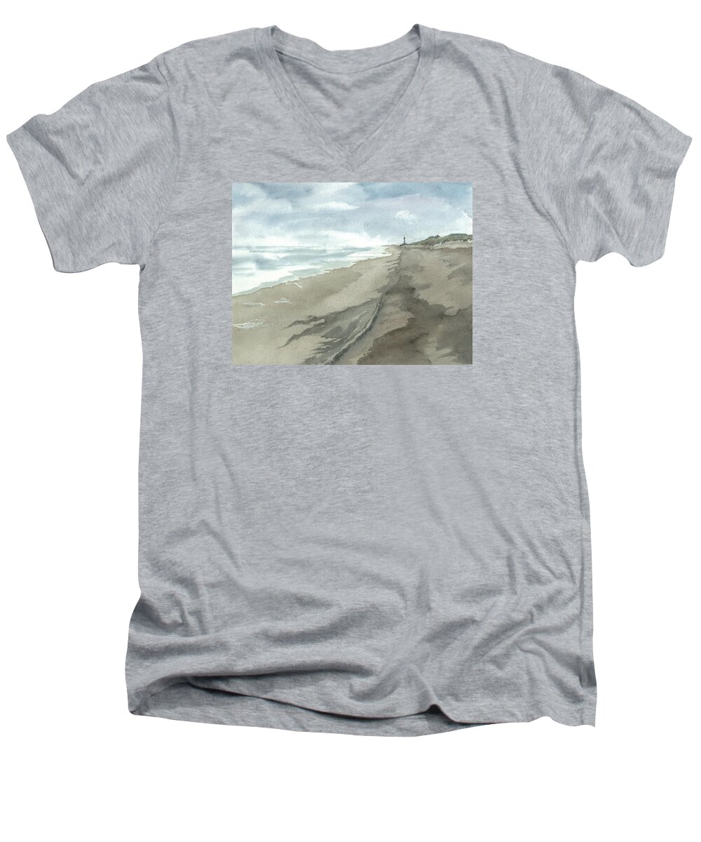 Obx Men's V-Neck T-Shirt featuring the painting Old Hatteras Light by Joel Deutsch