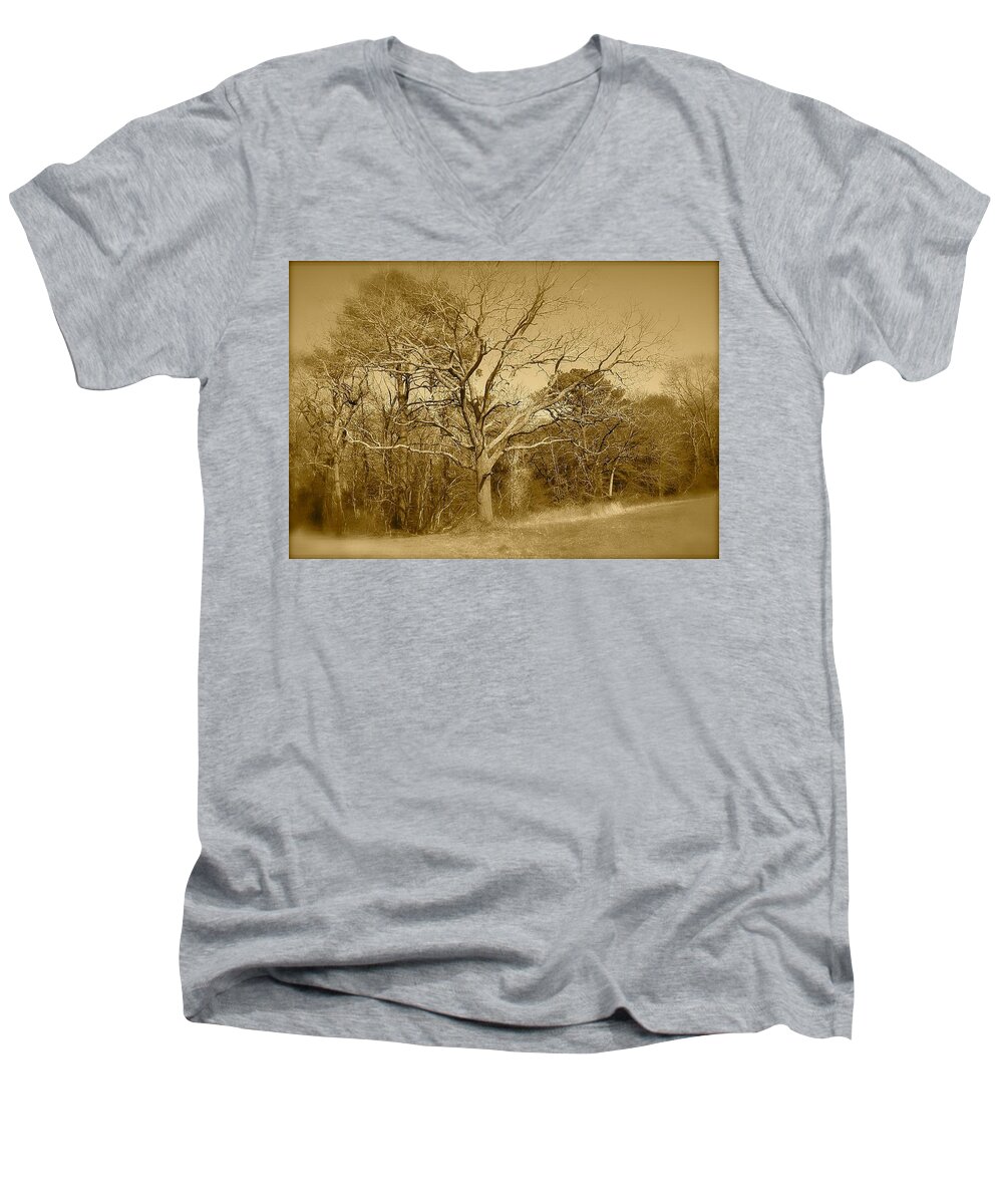 Old Men's V-Neck T-Shirt featuring the photograph Old Haunted Tree In Sepia by Chris W Photography AKA Christian Wilson