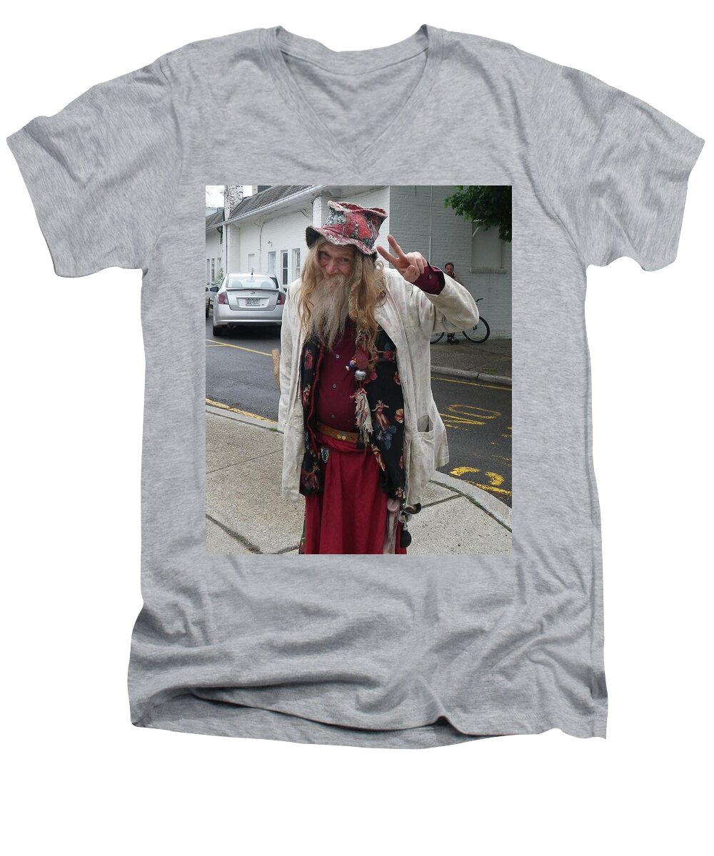 Old Man Men's V-Neck T-Shirt featuring the photograph Old Hippie in Woodstock NY by Anna Ruzsan