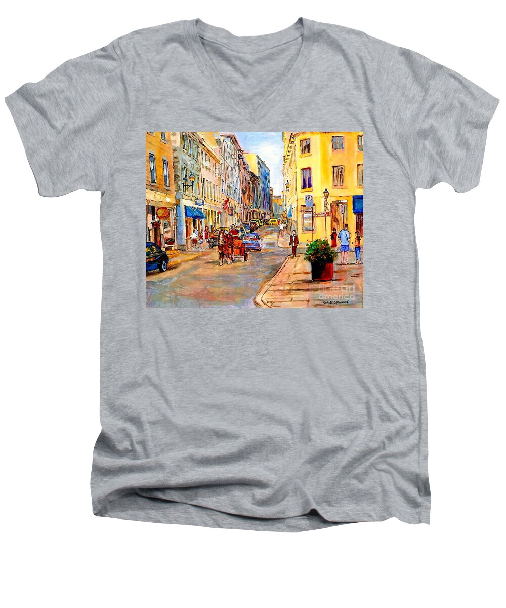 Montreal Men's V-Neck T-Shirt featuring the painting Old Montreal Paintings Youville Square Rue De Commune Vieux Port Montreal Street Scene by Carole Spandau