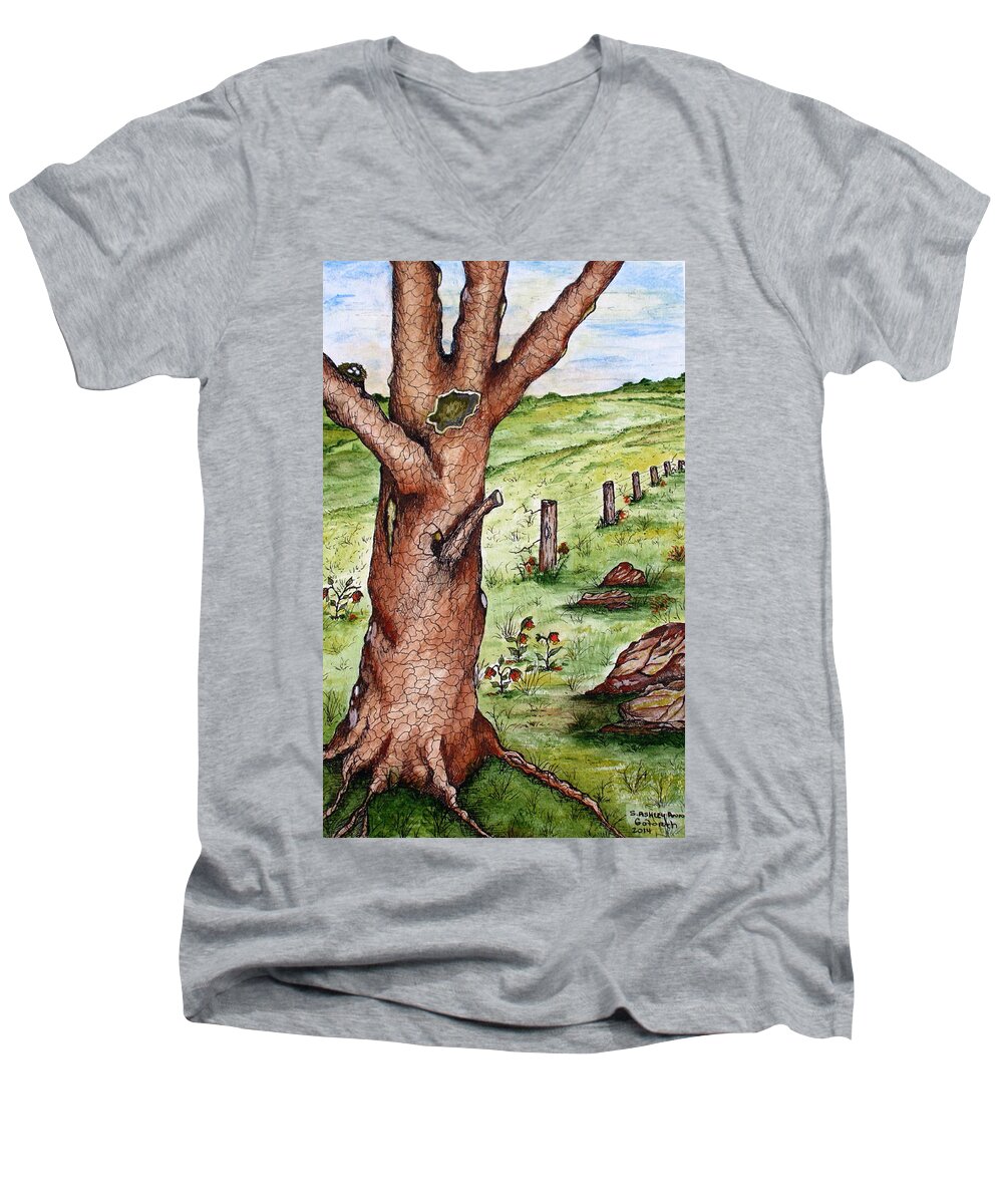 Oak Men's V-Neck T-Shirt featuring the painting Old Oak Tree with Birds' Nest by Ashley Goforth