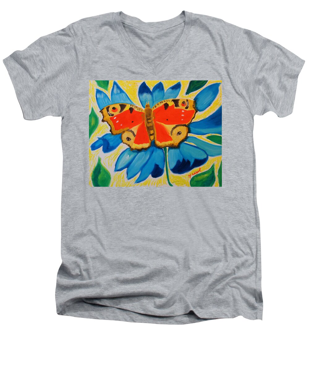 Butterfly Men's V-Neck T-Shirt featuring the painting On Top of My World by Meryl Goudey