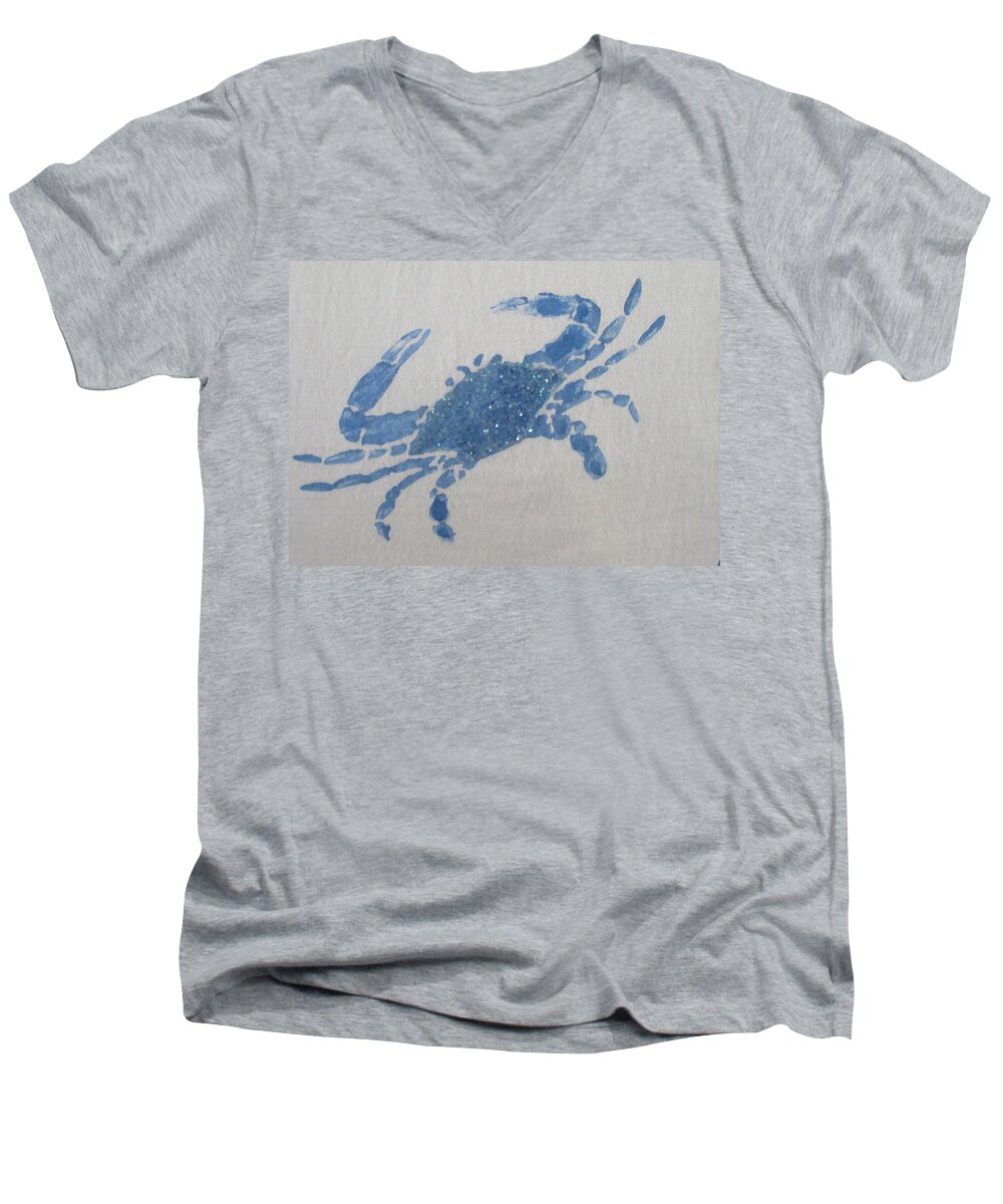 Blue Men's V-Neck T-Shirt featuring the painting One Blue Crab on Sand by Ashley Goforth