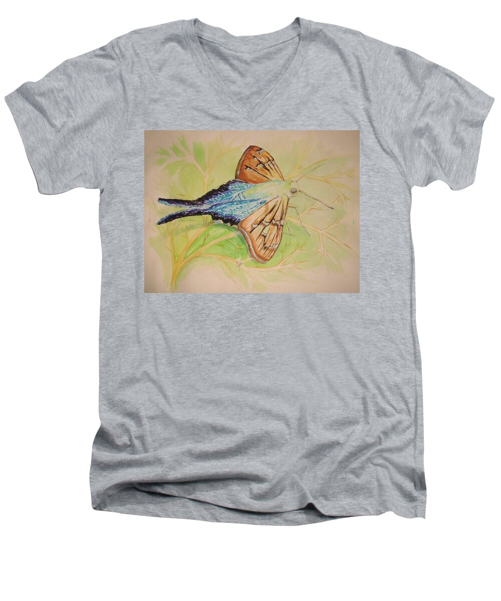 Moth Men's V-Neck T-Shirt featuring the painting One Day in a Long-tailed Skipper Moth's life by Nicole Angell