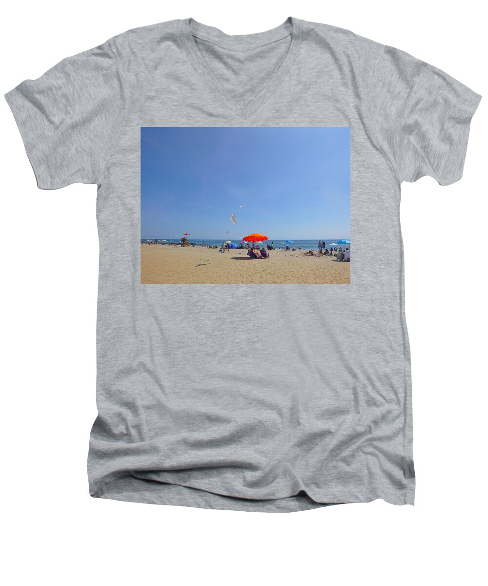 Summer Men's V-Neck T-Shirt featuring the photograph Orange umbrella by Ellen Paull