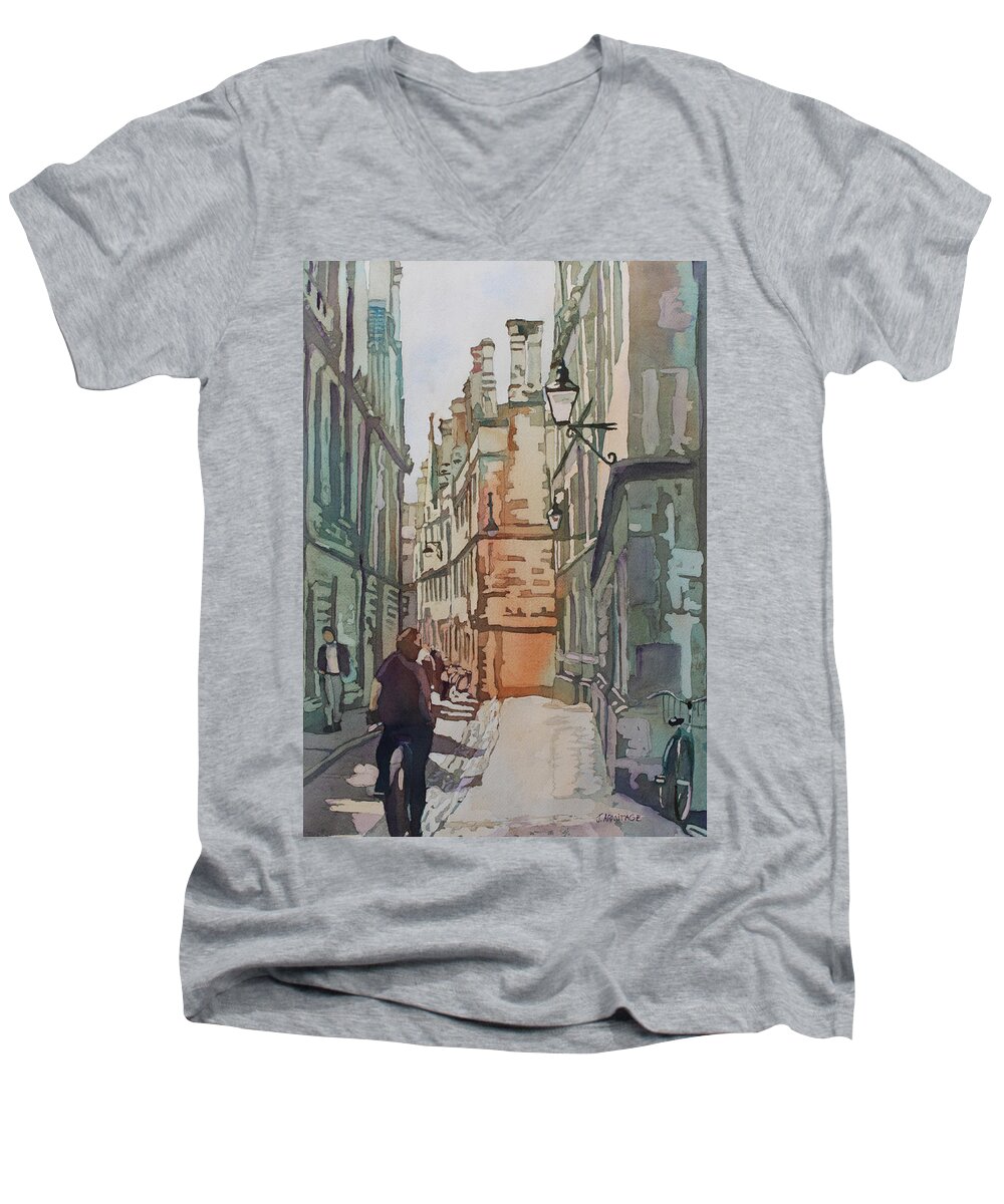 Oxford Men's V-Neck T-Shirt featuring the painting Oxford Lane by Jenny Armitage