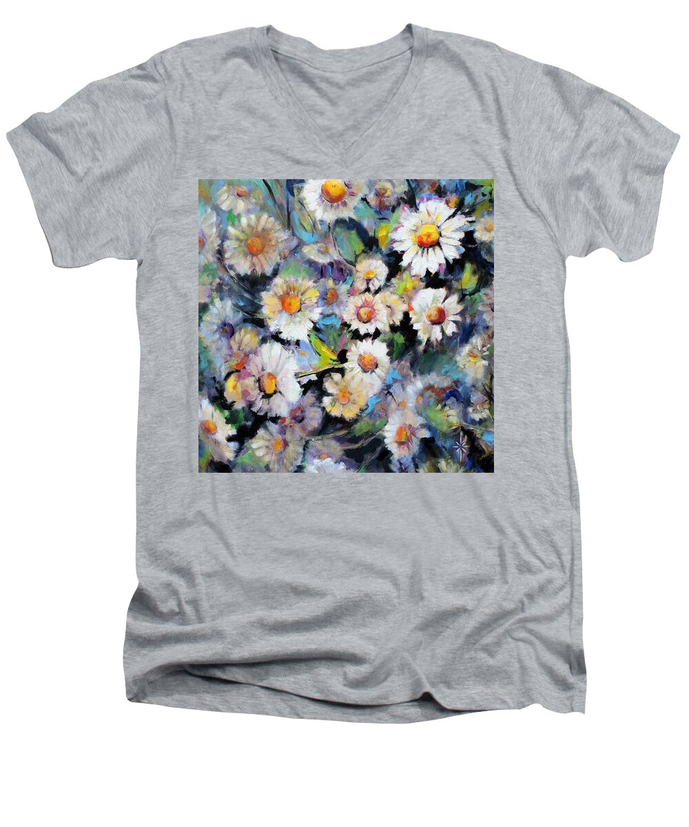 Floral Men's V-Neck T-Shirt featuring the painting Painted Daisy by Jodie Marie Anne Richardson Traugott     aka jm-ART