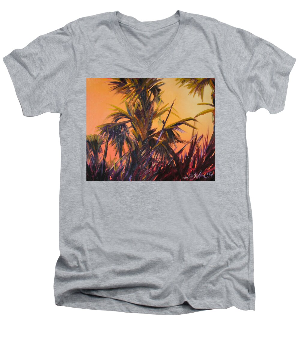 Impressionism Men's V-Neck T-Shirt featuring the painting Palmettos at Dusk by Julianne Felton